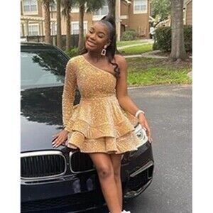 New Homecoming Dress (18W) Gold Velvet & Sequin One Shoulder Long Sleeves Tiered